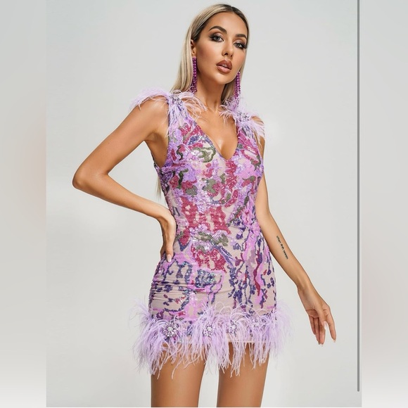 Purple Feather Dress Floral Sequin Dress - Size M - Picture 4 of 8